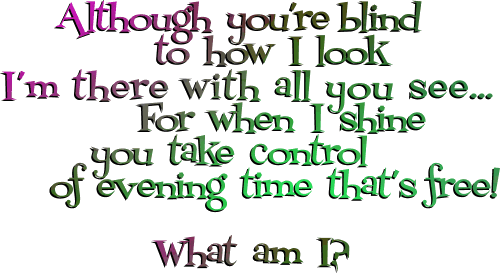 Although you're blind
to how I look
I'm there with all you see...
For when I shine
you take control
of evening time that's free!
What am I?